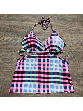 Hula Honey Plaid Tankini Halter Top Medium Preppy Swim Wear Bathing Suit